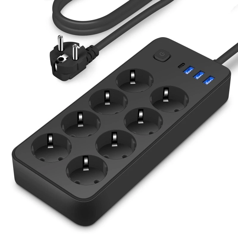 EU Standard Power Strip 8 AC med 4 USB-porte